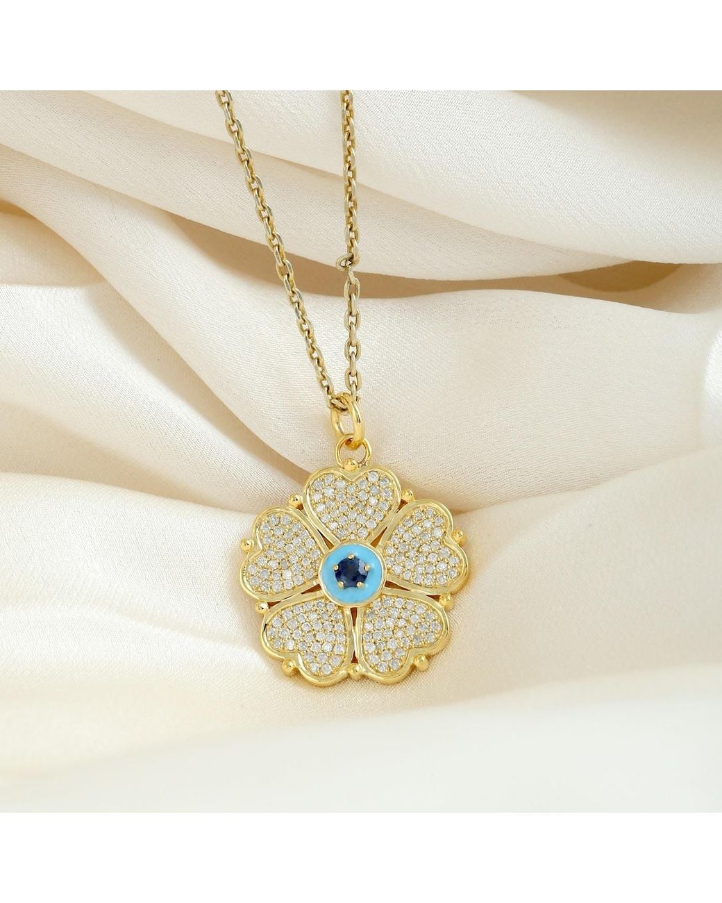 Artisan Metallic Diamond Clover Pendant With Sapphire & Enamel