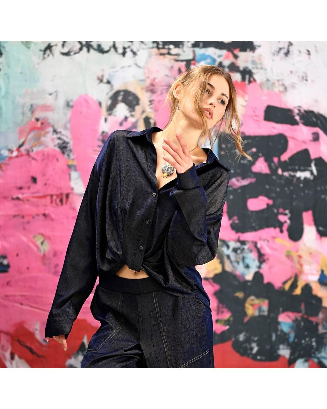 Lalipop Design Blue Relaxed Shirt With Draped Front Hem