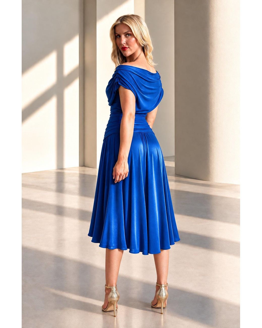 Atom Label Blue Carbon Bardot Tea Regular Length Dress