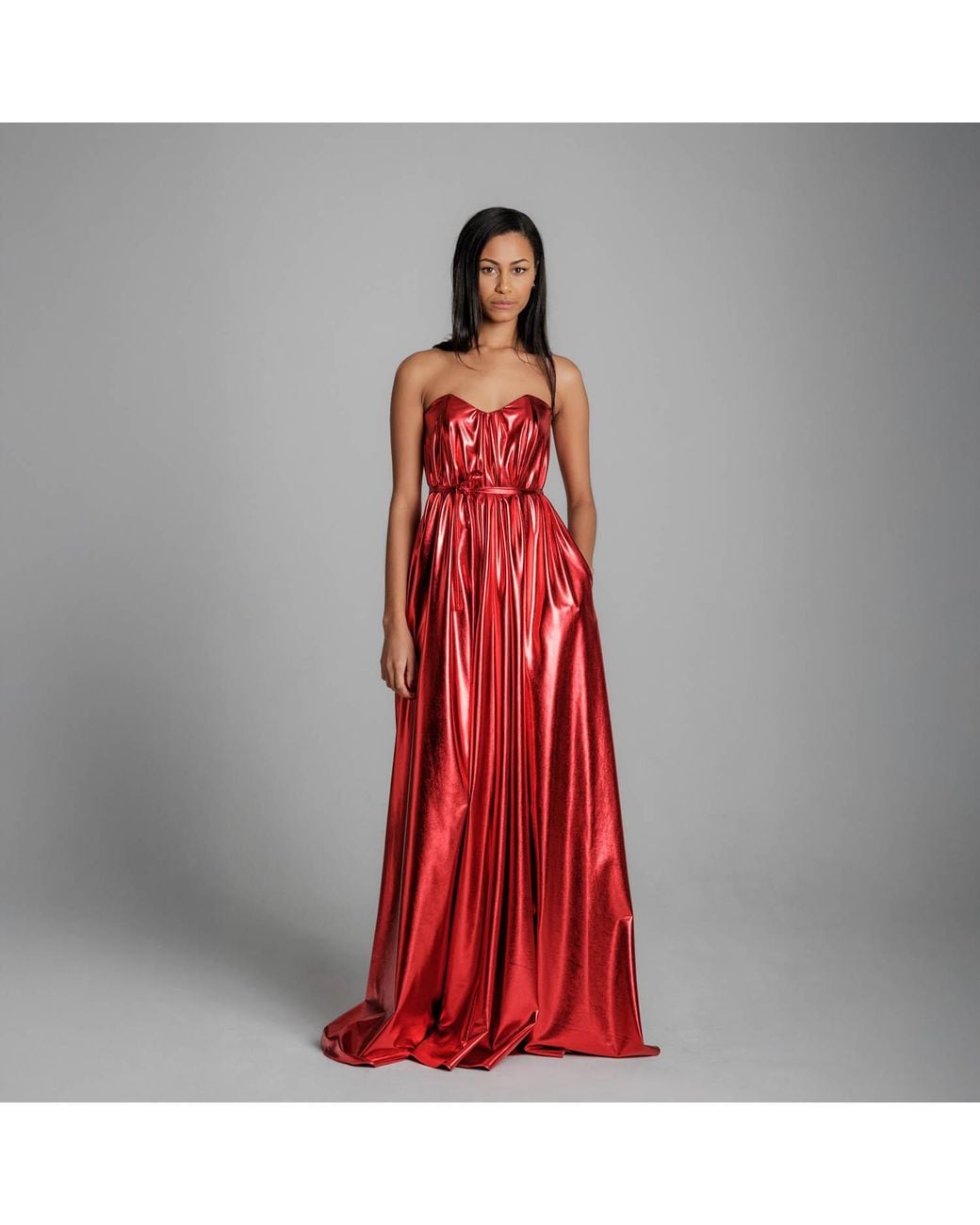 Imaatu Red Quiet Metallic Faux Leather Corset Gown With Pockets