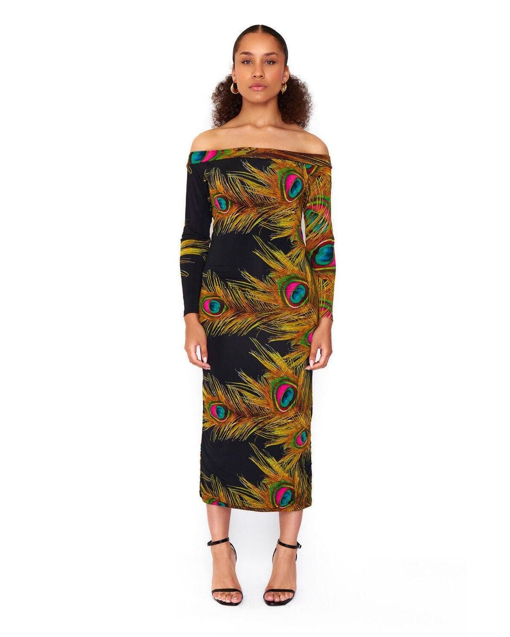 ROSIE BILLINGTON Black Peacock Off The Shoulder Midaxi Dress