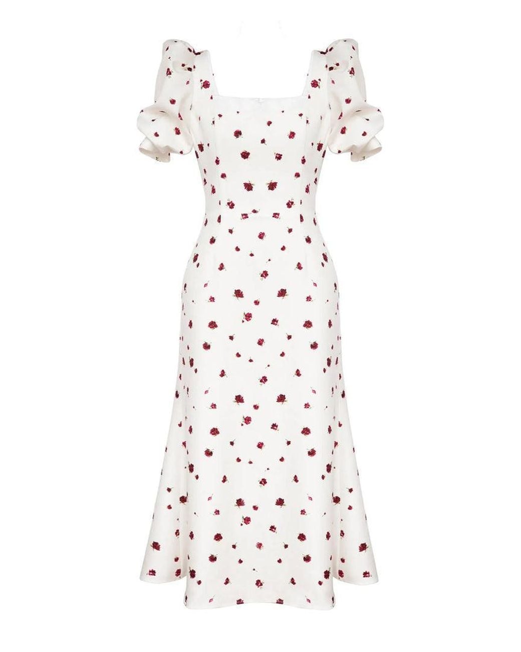 POST MERIDIEM White Printed Godet Silhouette Square Neck Midi Dress