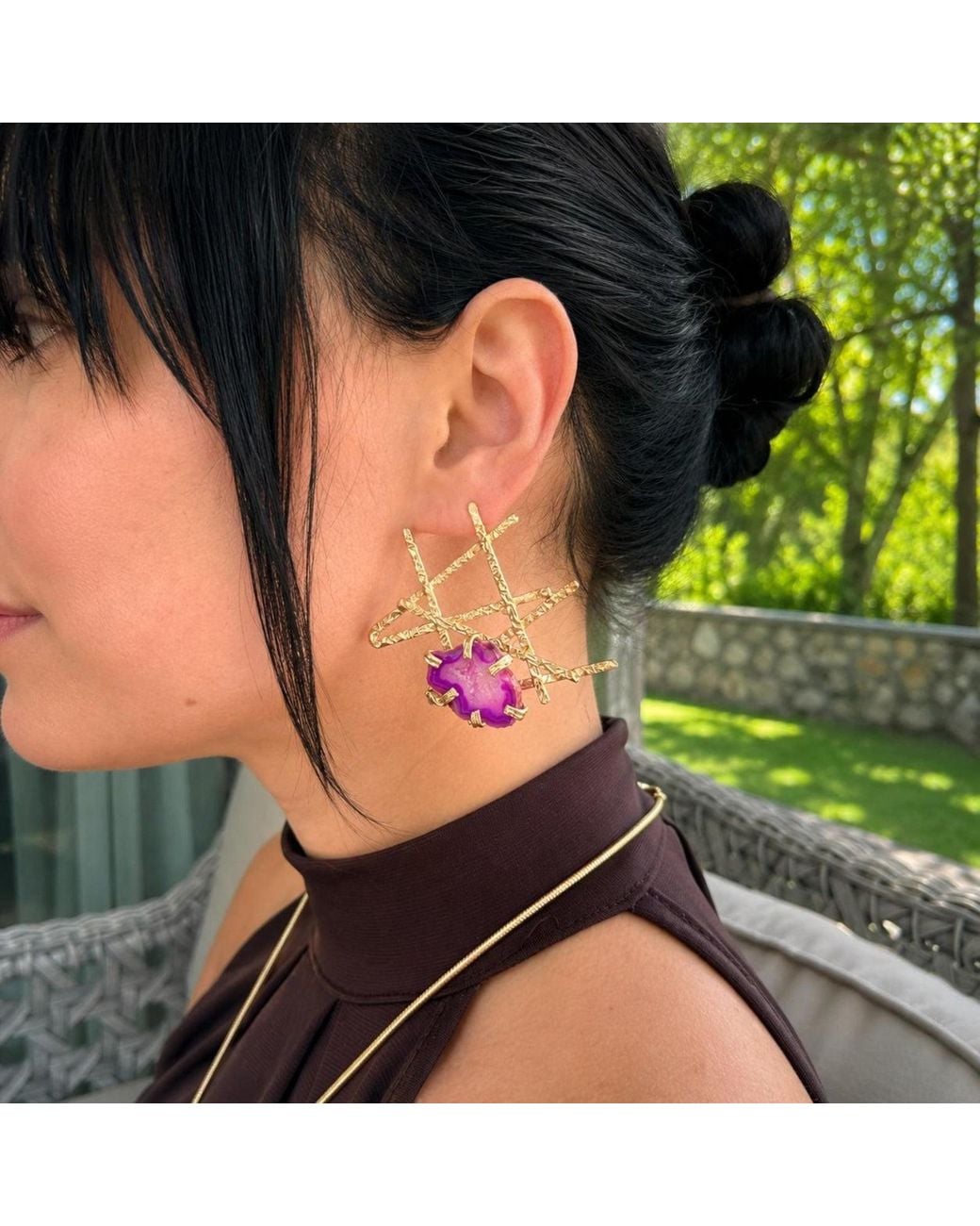 By Ozge Multicolor Sacred Lines Natural Agate Plated Statement Earrings
