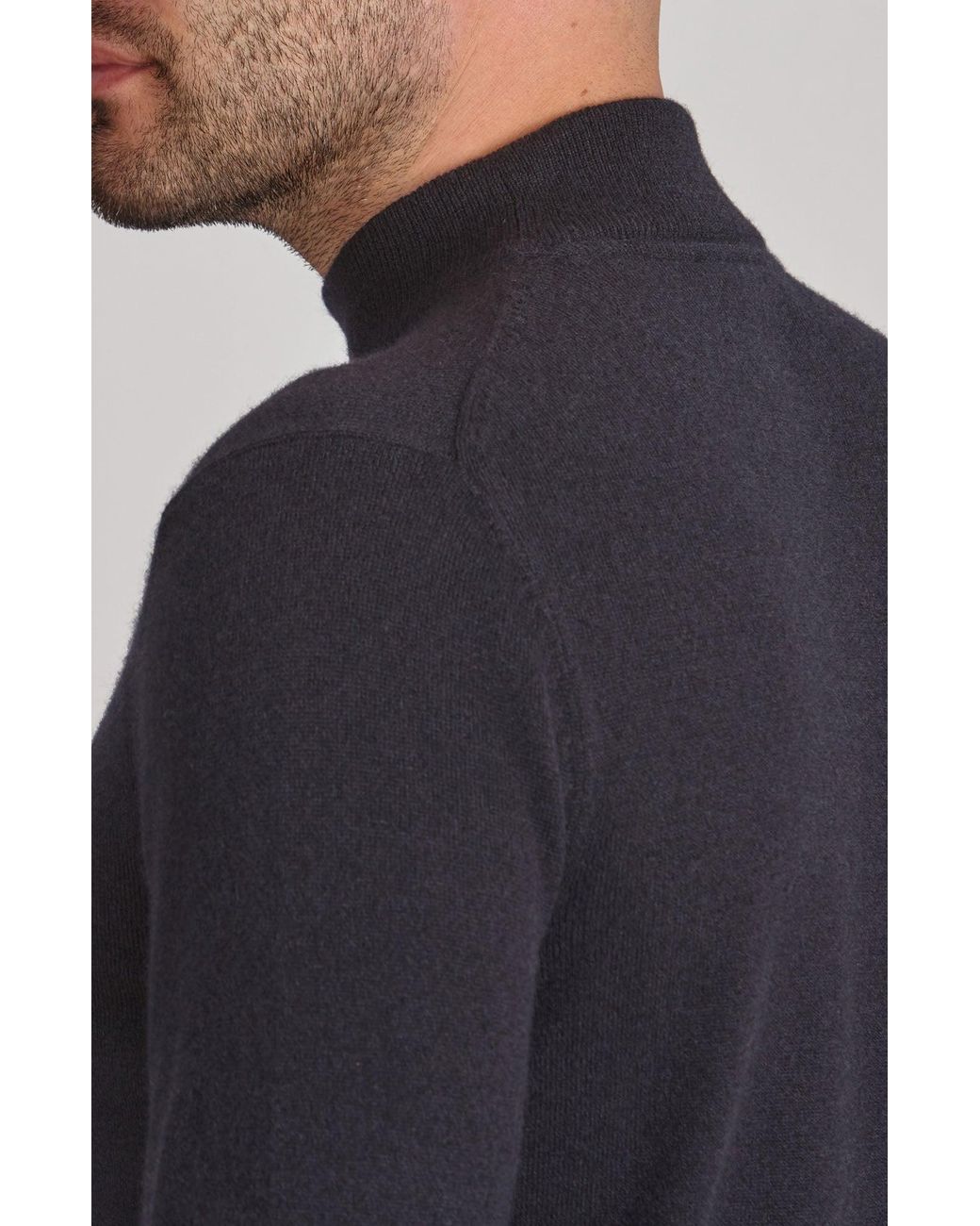 Paul James Knitwear Blue Lightweight Merino Cashmere Tristan Mock Turtle Neck Jumper for men