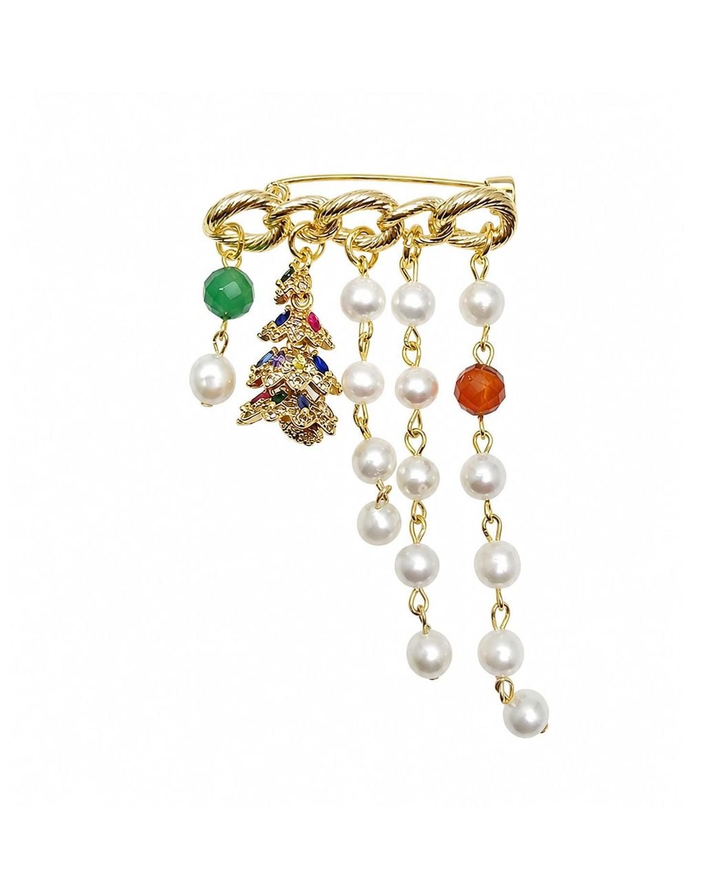 Farra Metallic Freshwater Pearl With Agate And Christmas Tree Tassel Brooch