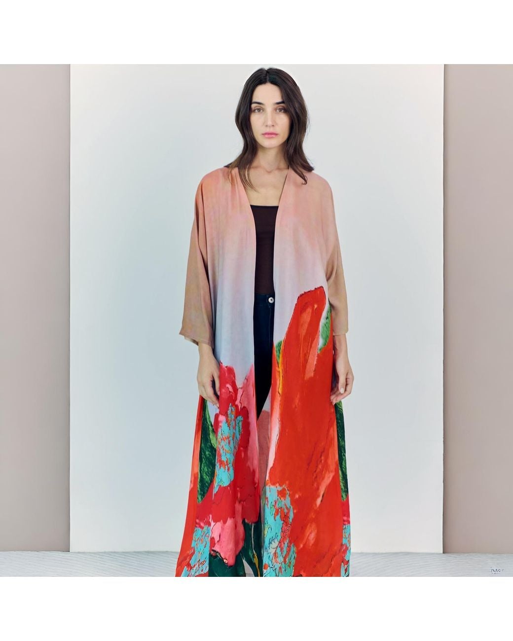 DHARA SHETH DUBAI Red Coral Mirage Floral Long Kimono