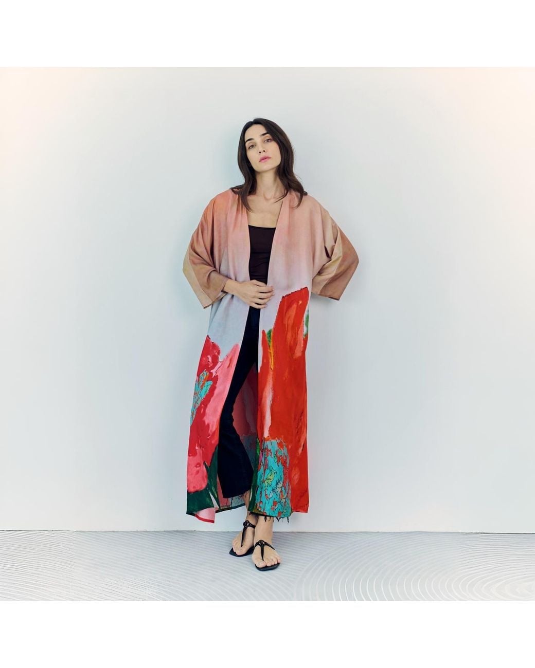 DHARA SHETH DUBAI Red Coral Mirage Floral Long Kimono