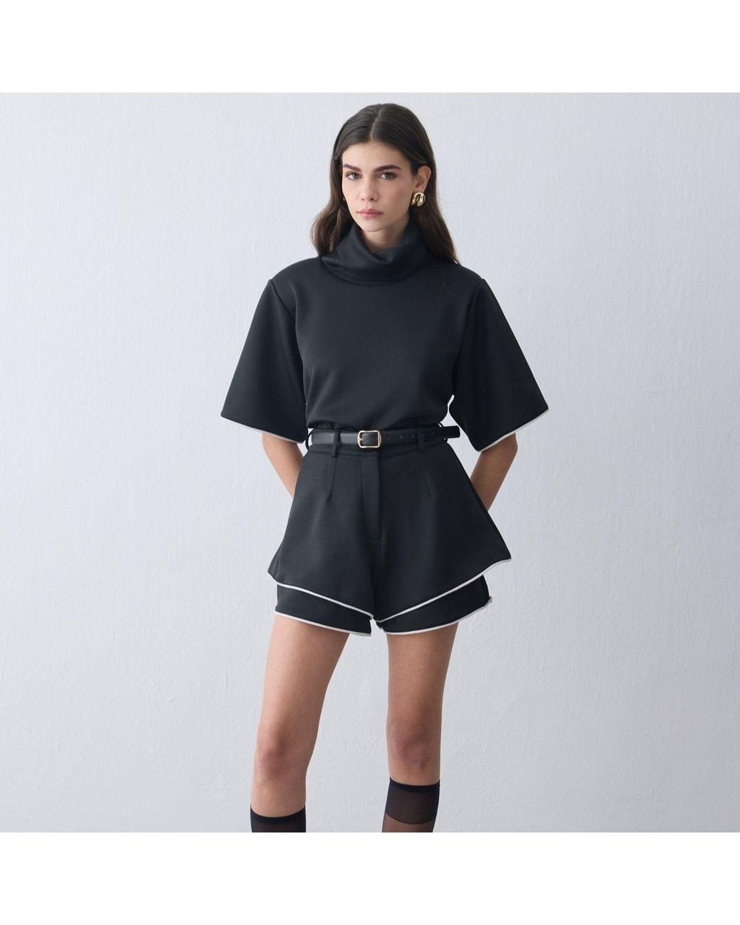 Thisisu Collection Blue Mira Padded-Shoulder High-Neck Top