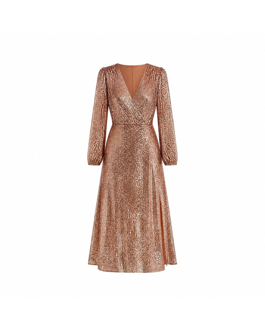 Yumi' Brown Copper Sequin Long Sleeve Midi Dress