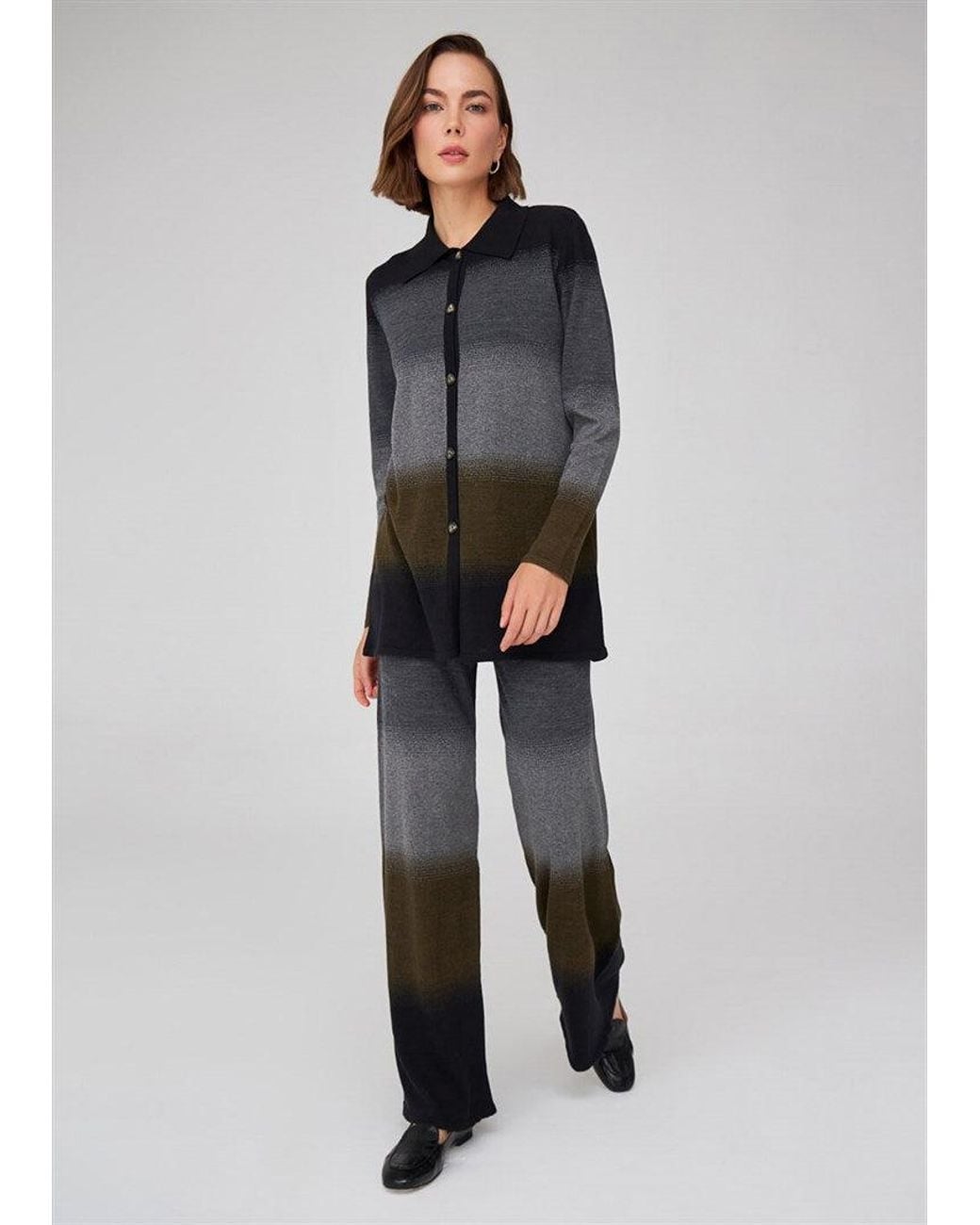 Peraluna Blue Color Transition Bell Bottom High-Waisted Knit Trousers