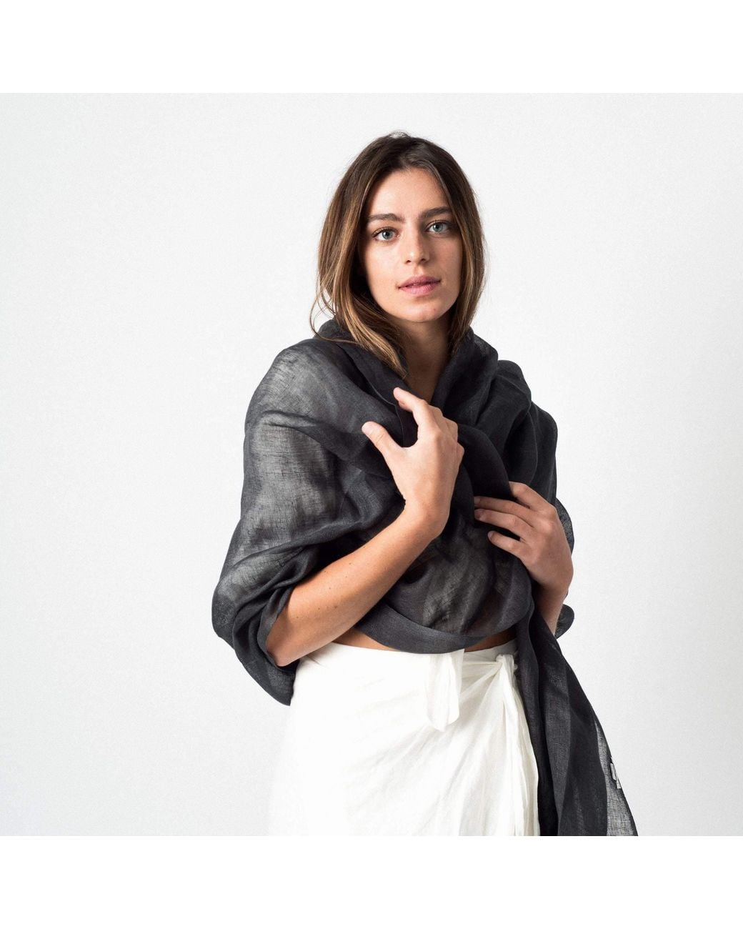 Variously Blue Charcoal Dark Hand Woven Soft Linen Silk Blend Scarf