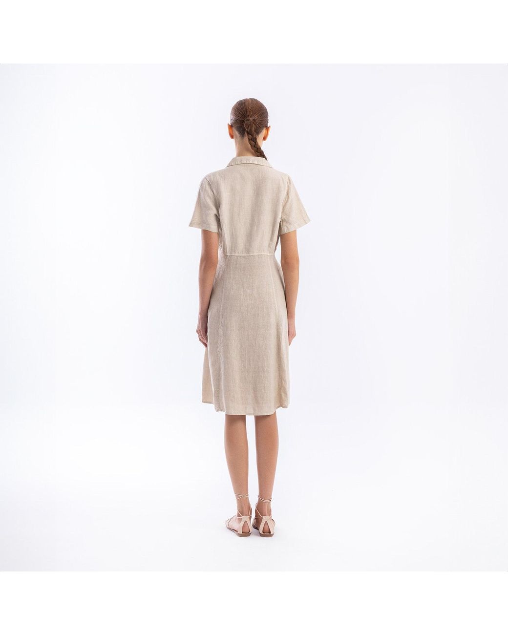 Haris Cotton Natural Neutrals Midi Linen Short Sleeve Button Front Shirt-Dress