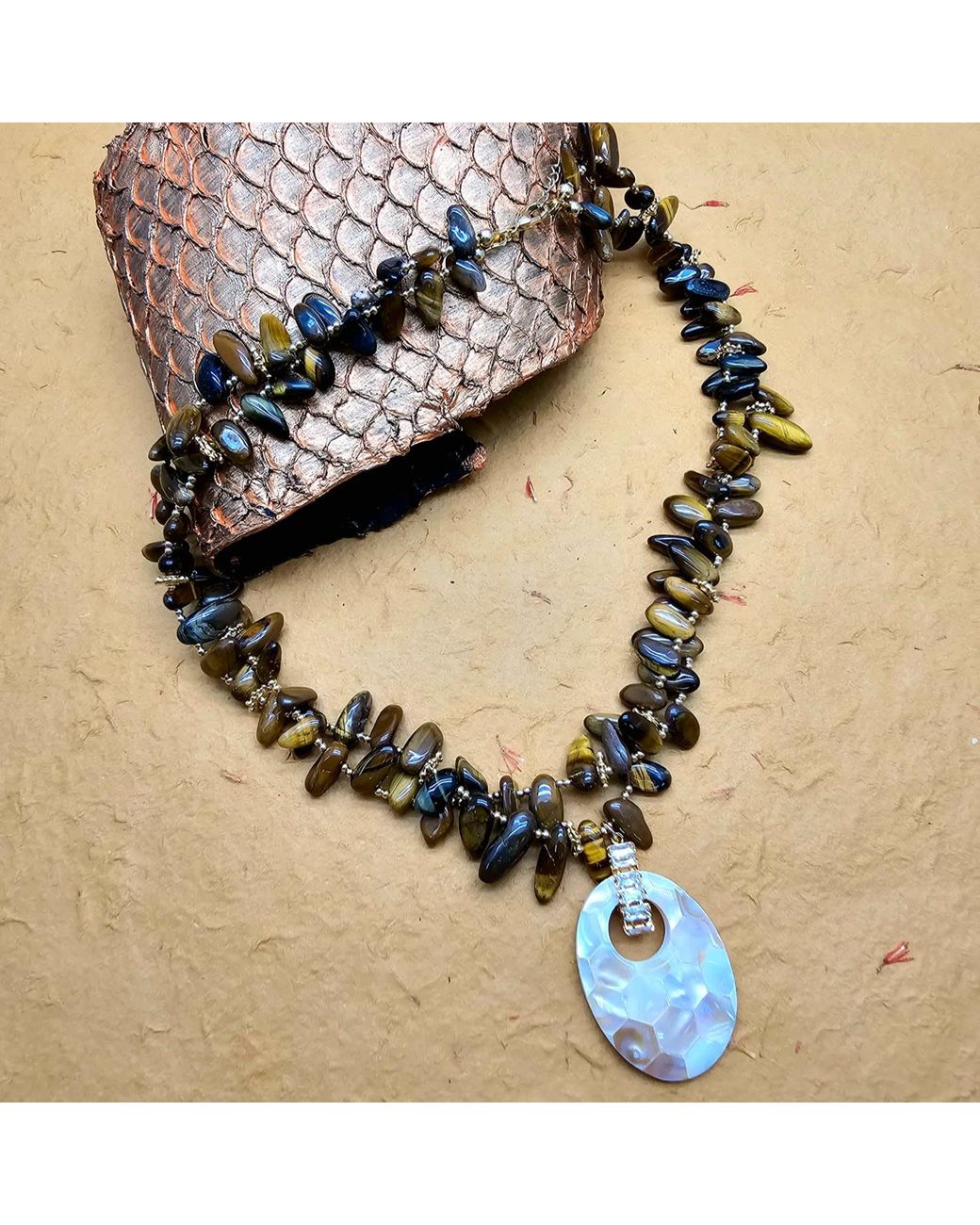 Farra Metallic Classical Tiger Eye With Shell Pendant Necklace And Earrings Jewelry Set