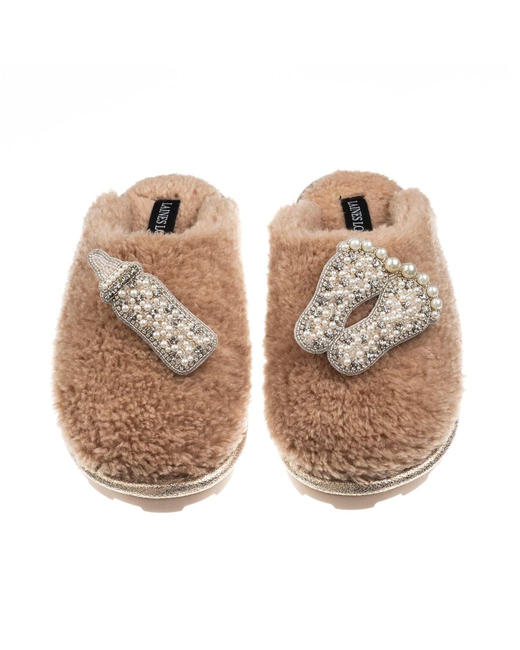 Laines London Natural Teddy Closed Toe Slippers With Pearl New Baby Brooches