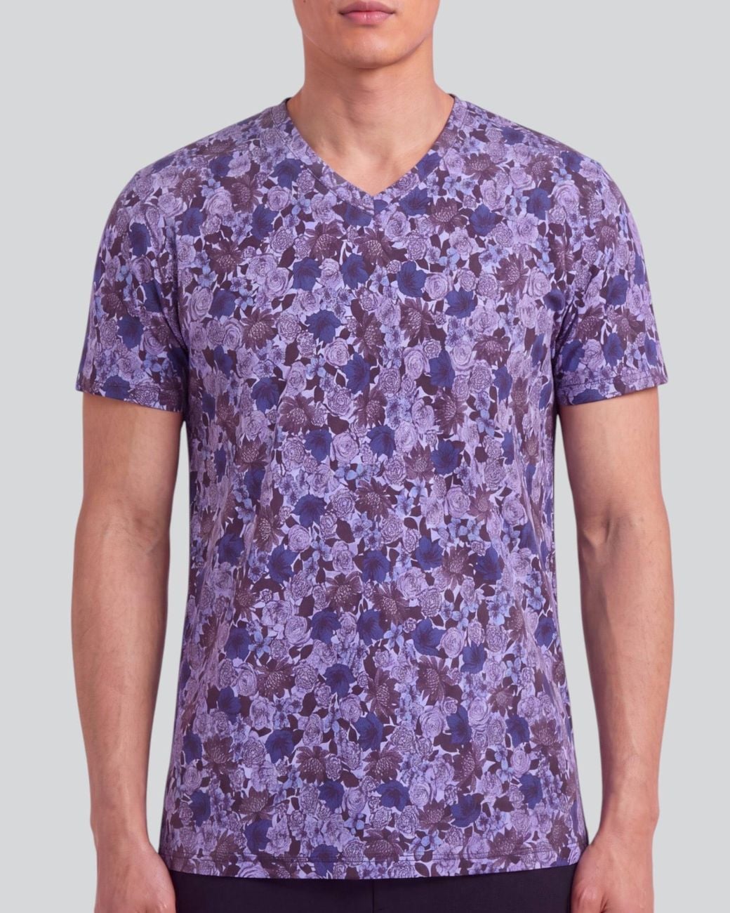 Lords of Harlech Blue Maze Ternberg Floral Brownie Stretch Cotton V-Neck Tee for men