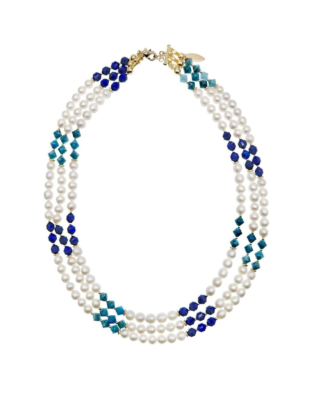 Farra Blue Gemstone And Freshwater Pearls Colour Blocking Multi-Strands Necklace