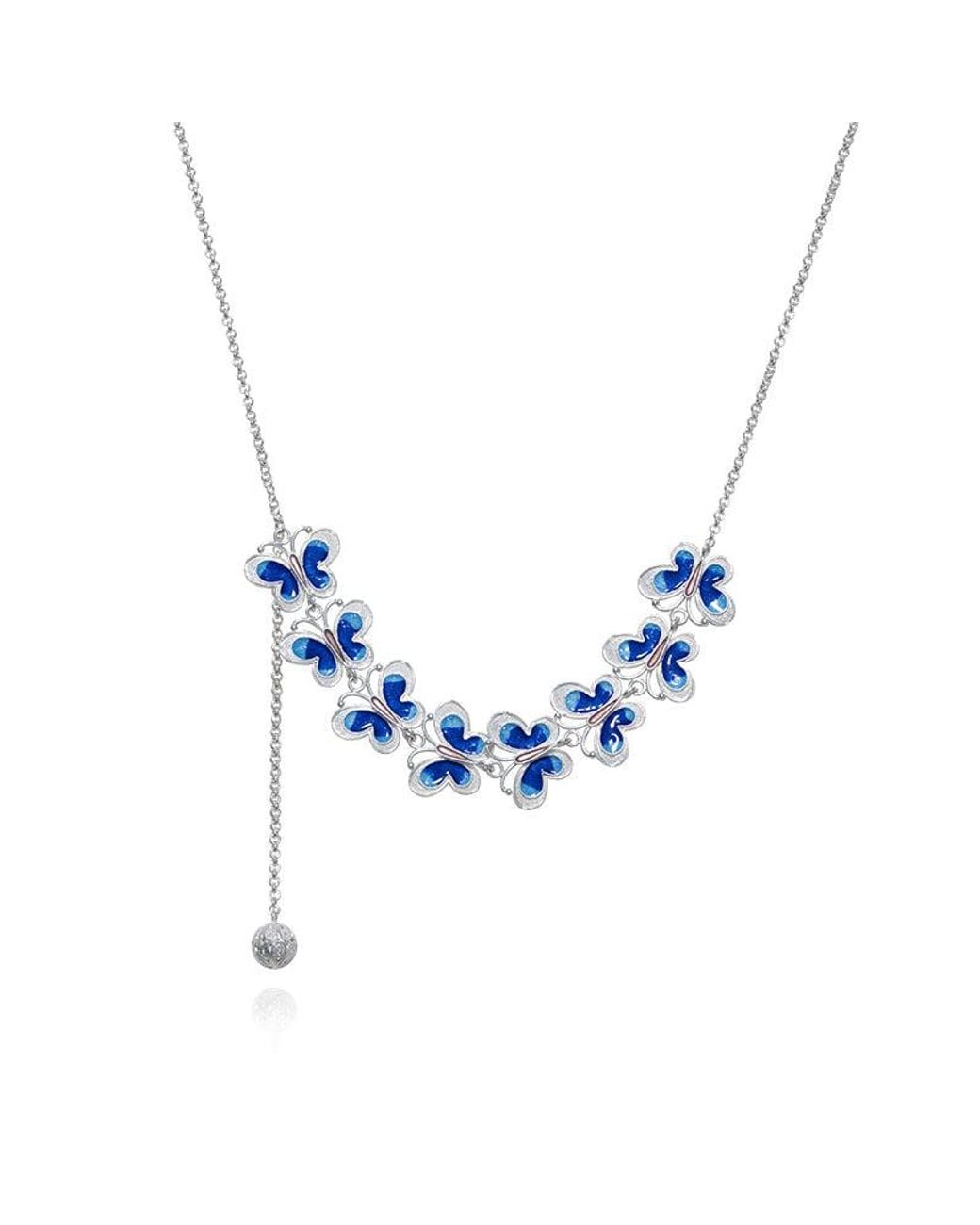 Far East Jewelry Blue Handmade Orchid Butterfly Necklace & Enamel