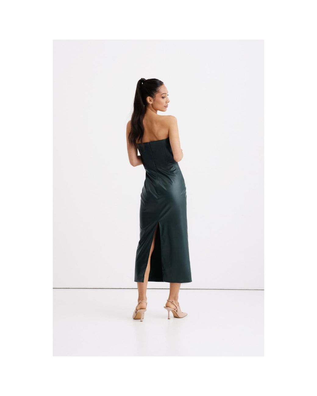Nomi Fame Green Angelina Dark Faux Leather Corset Midi Dress