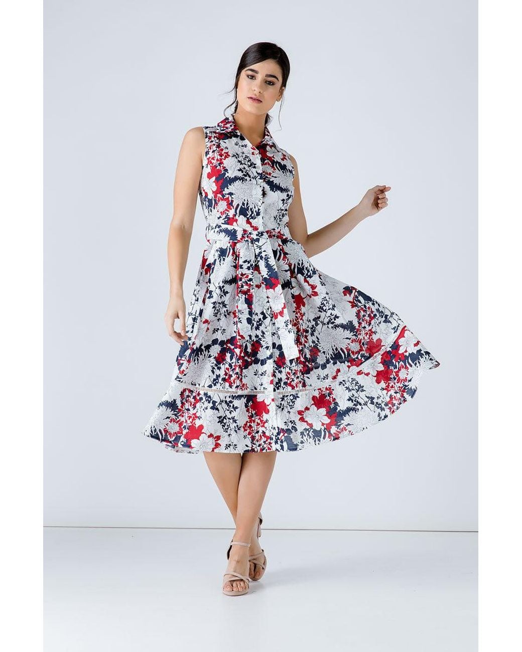 Conquista White Floral Print Dress With Belt
