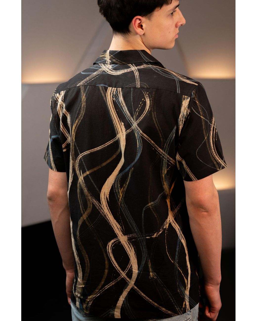 Stovaria Black Camp Collar Half Sleeve Organic Cotton Shirt With Abstract Brush Print for men