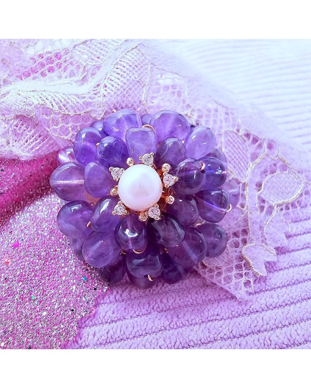 Farra Purple Flower Shaped Amethyst With Freshwater Pearl Brooch
