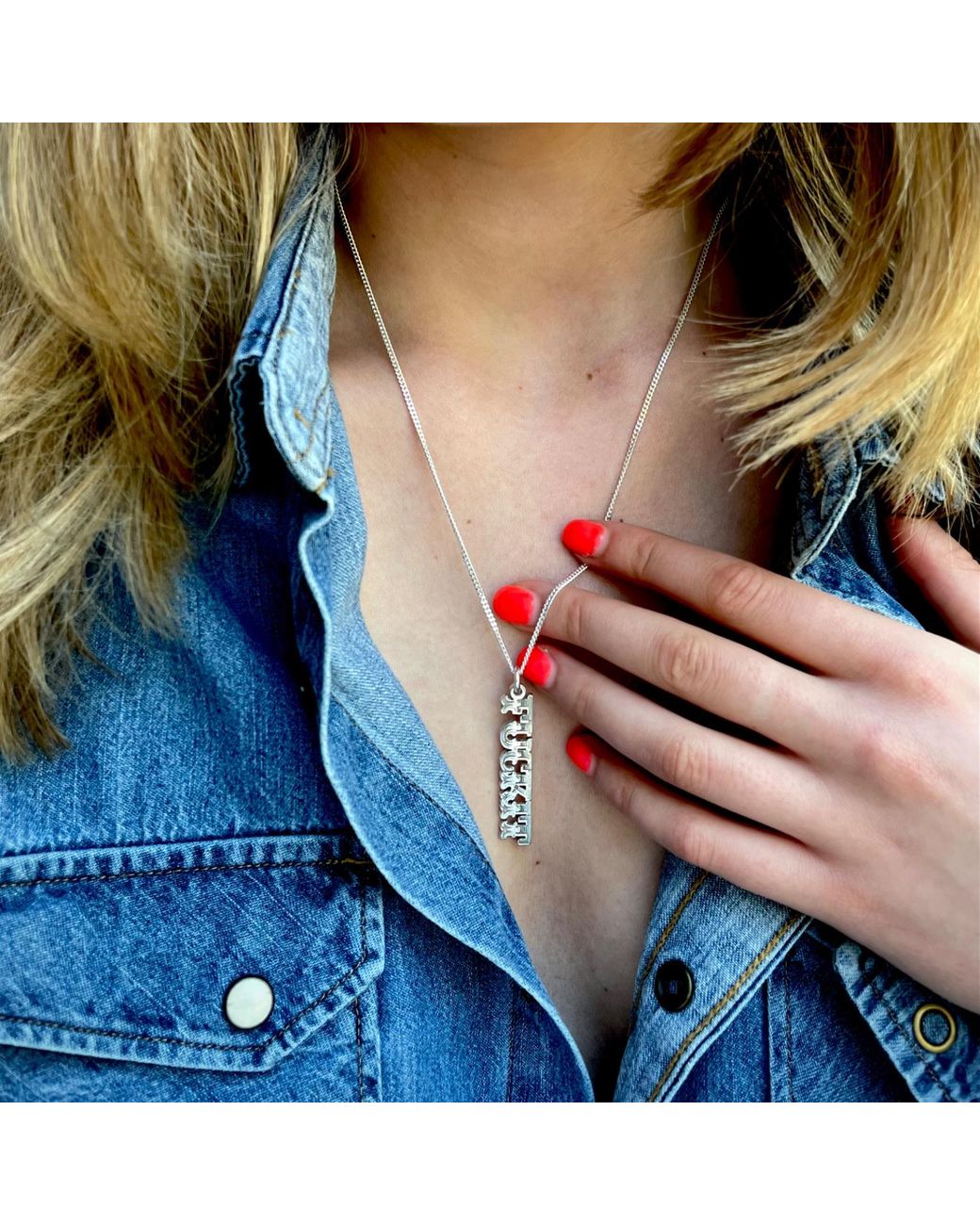 CarterGore Metallic Sterling “Fuckit” Word Necklace