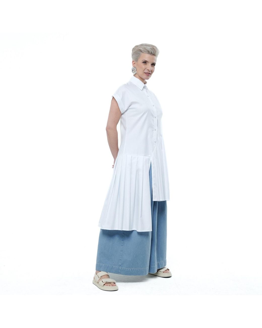 Metamorph Blue Pleated Long Tunic Shirt
