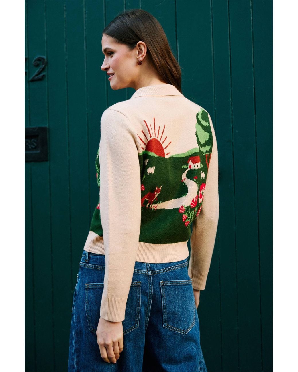 Yumi' Green Fox Scene Viscose Knitted Box Jacket