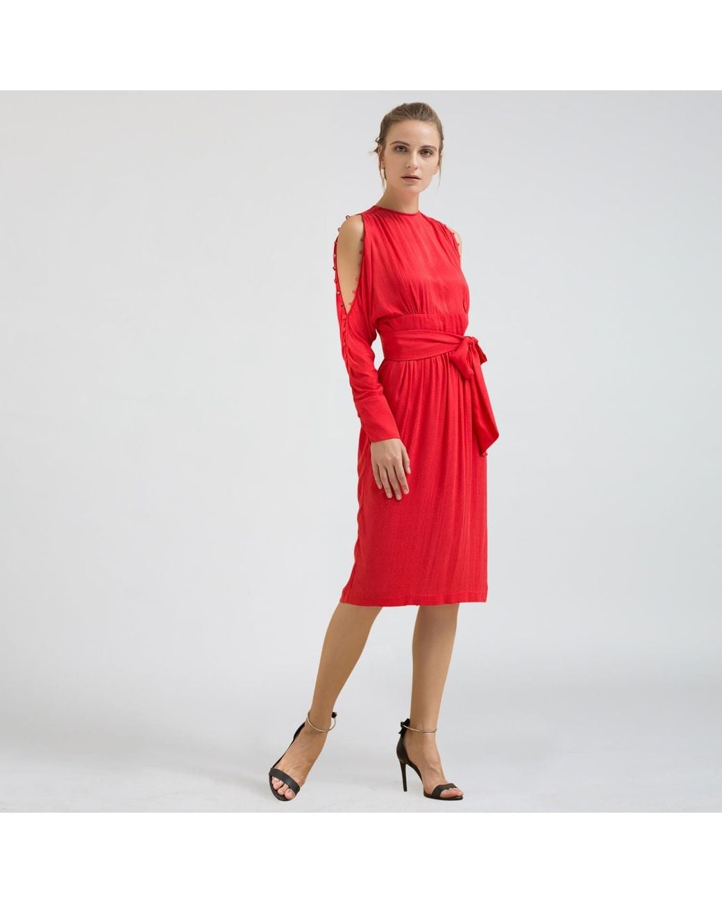 Smart and Joy Red Long-Sleeved Fitted Dress With Off-Shoulders