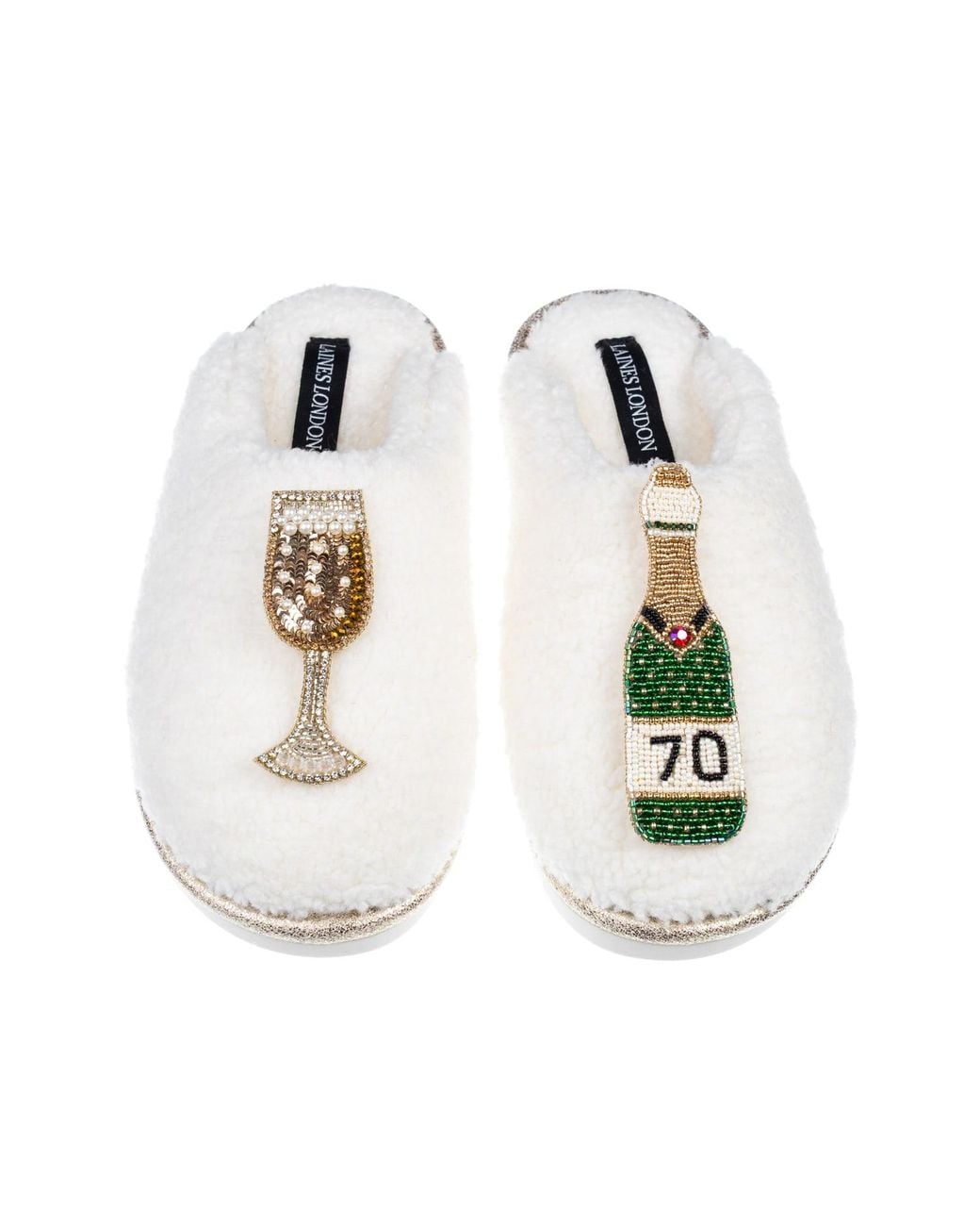 Laines London White Neutrals Teddy Closed Toe Slippers With 70Th Champers Bottle & Glass Brooches