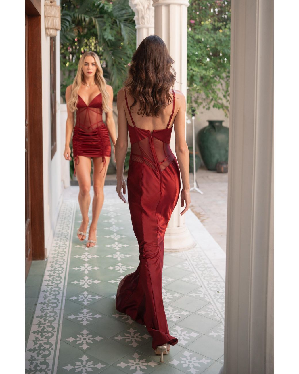Clerestory Red Amarante Satin Bias Mesh-Waist Maxi Dress