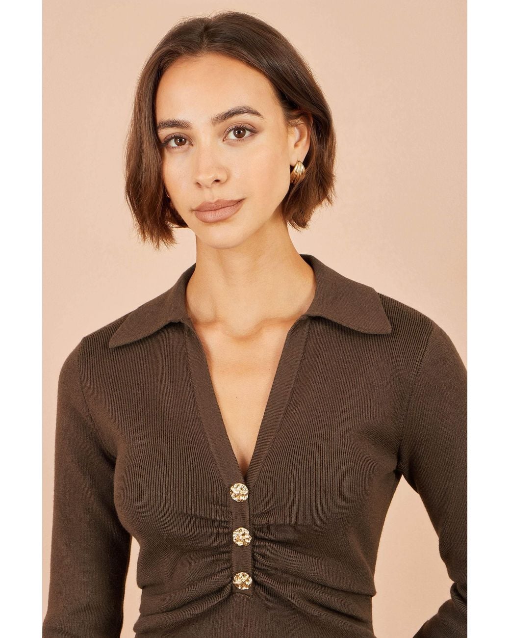 Yumi' Brown Knitted Ruched Collar Dress