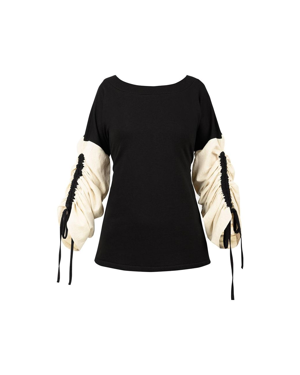 ALINA CERNĂTESCU Black Neutrals Salem Cotton Statement Sleeves Adjustable Sweater Office Daywear Blouse