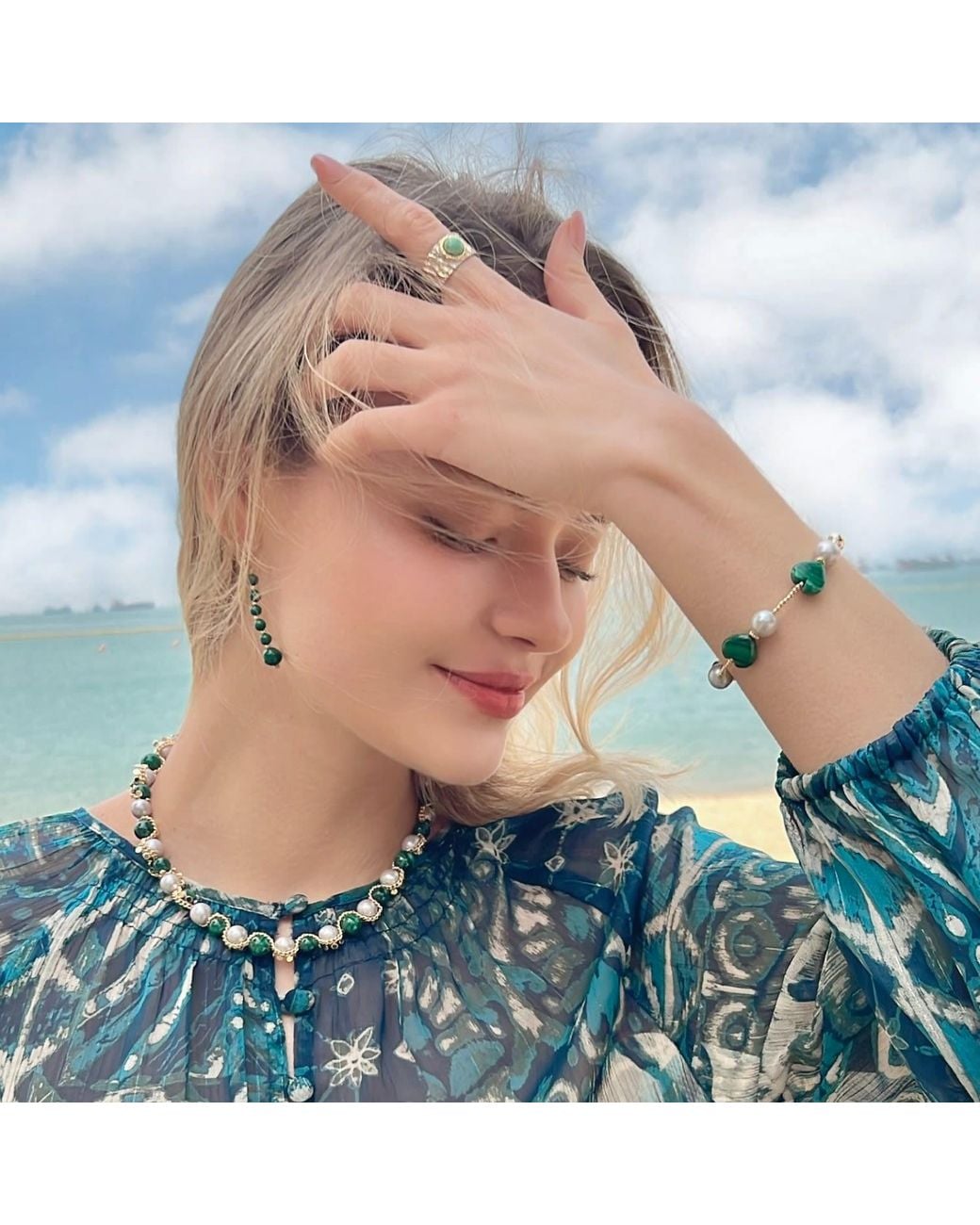 Farra Green Malachite Drops With Butterfly Hook Earrings