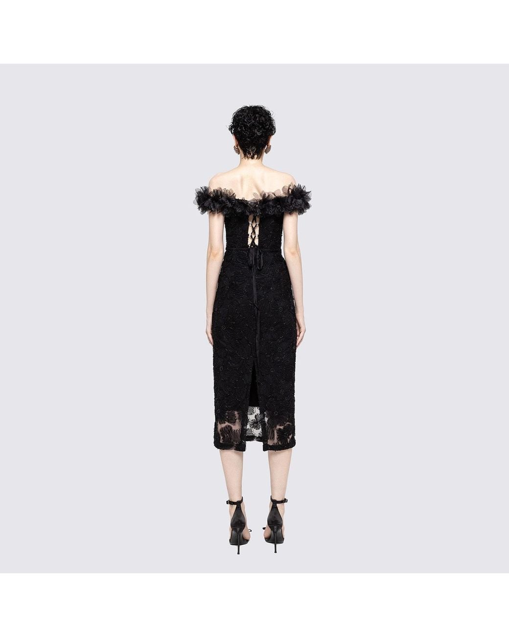 Nissa Black Floral-Detail Lace Midi Dress