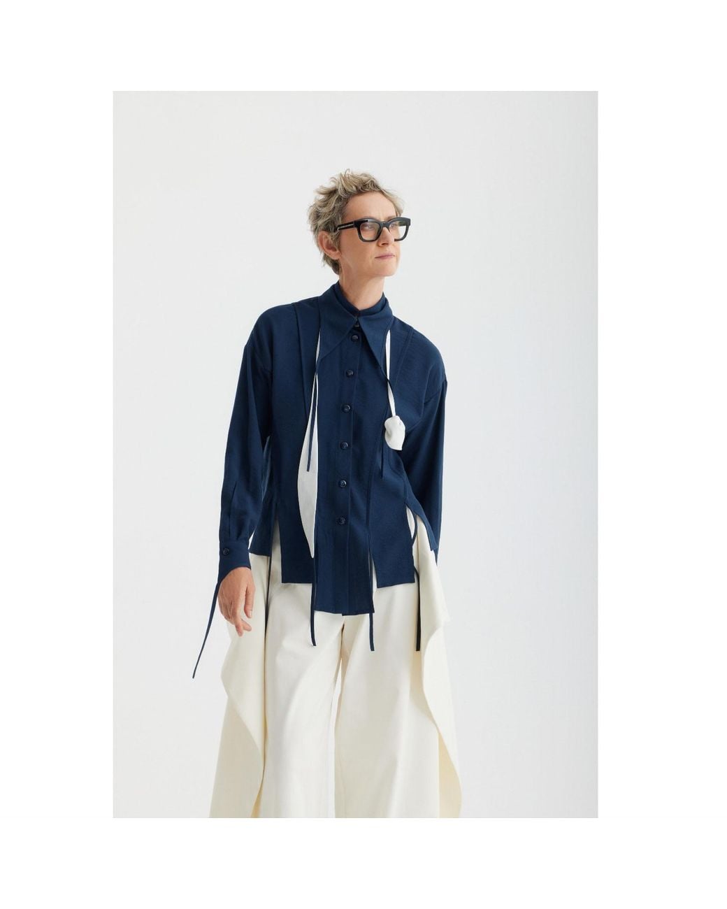 Julia Allert Blue Artistic Asymmetric Textured Viscose Blouse