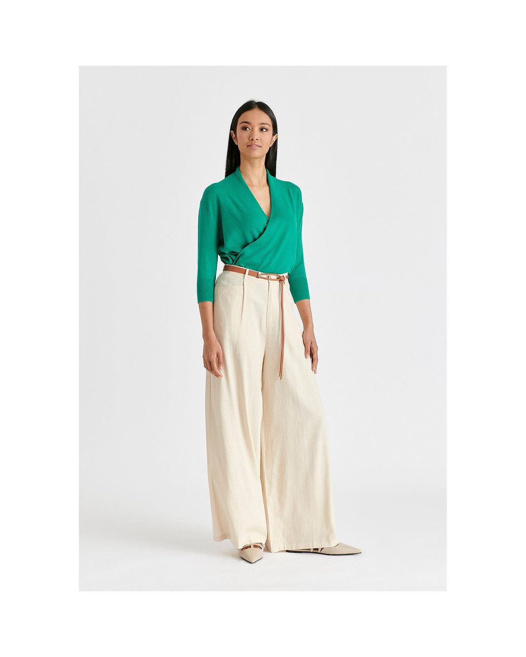 Paisie Green Cropped Sleeve Knit Wrap Top