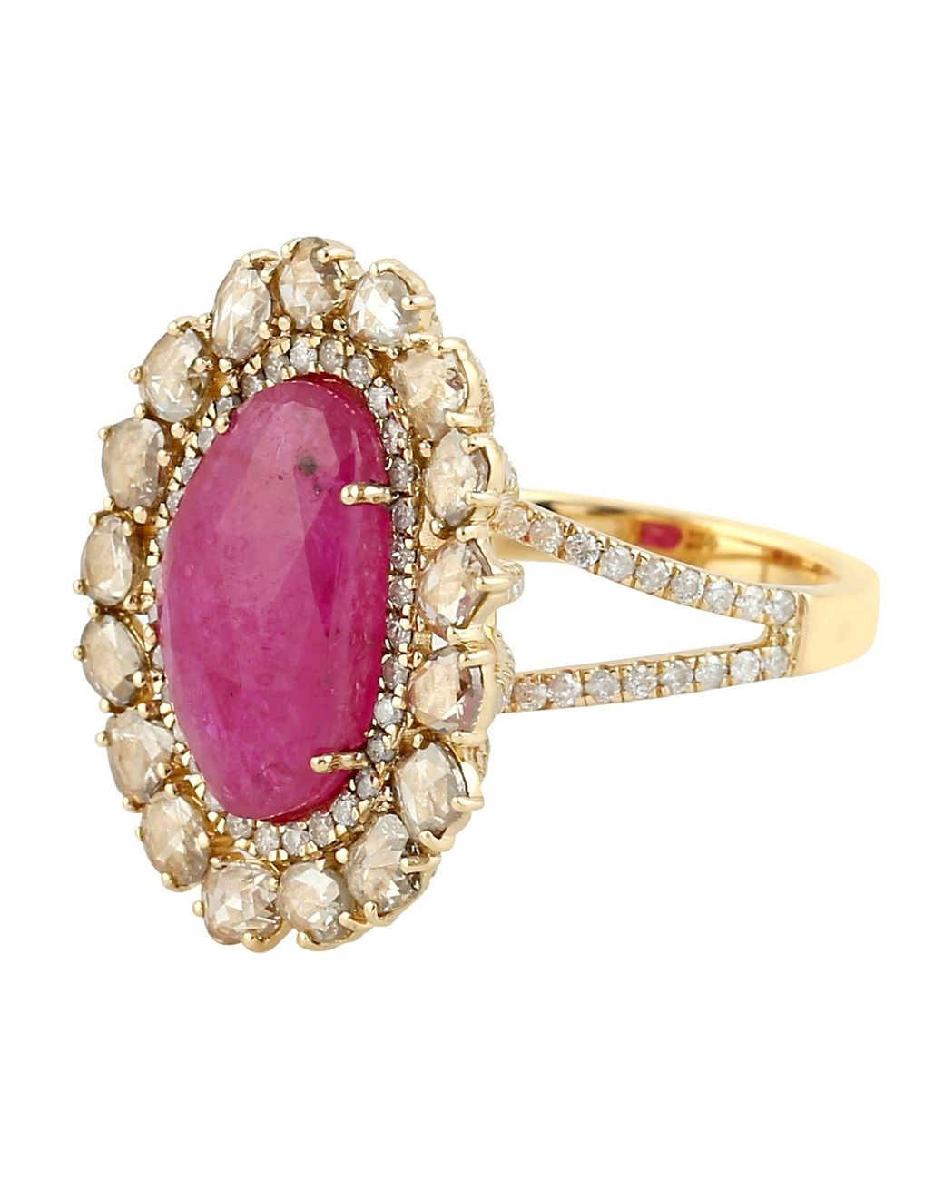 Artisan Pink 18K Oval Ruby Ring With Ice Diamond Halo & Split Shank