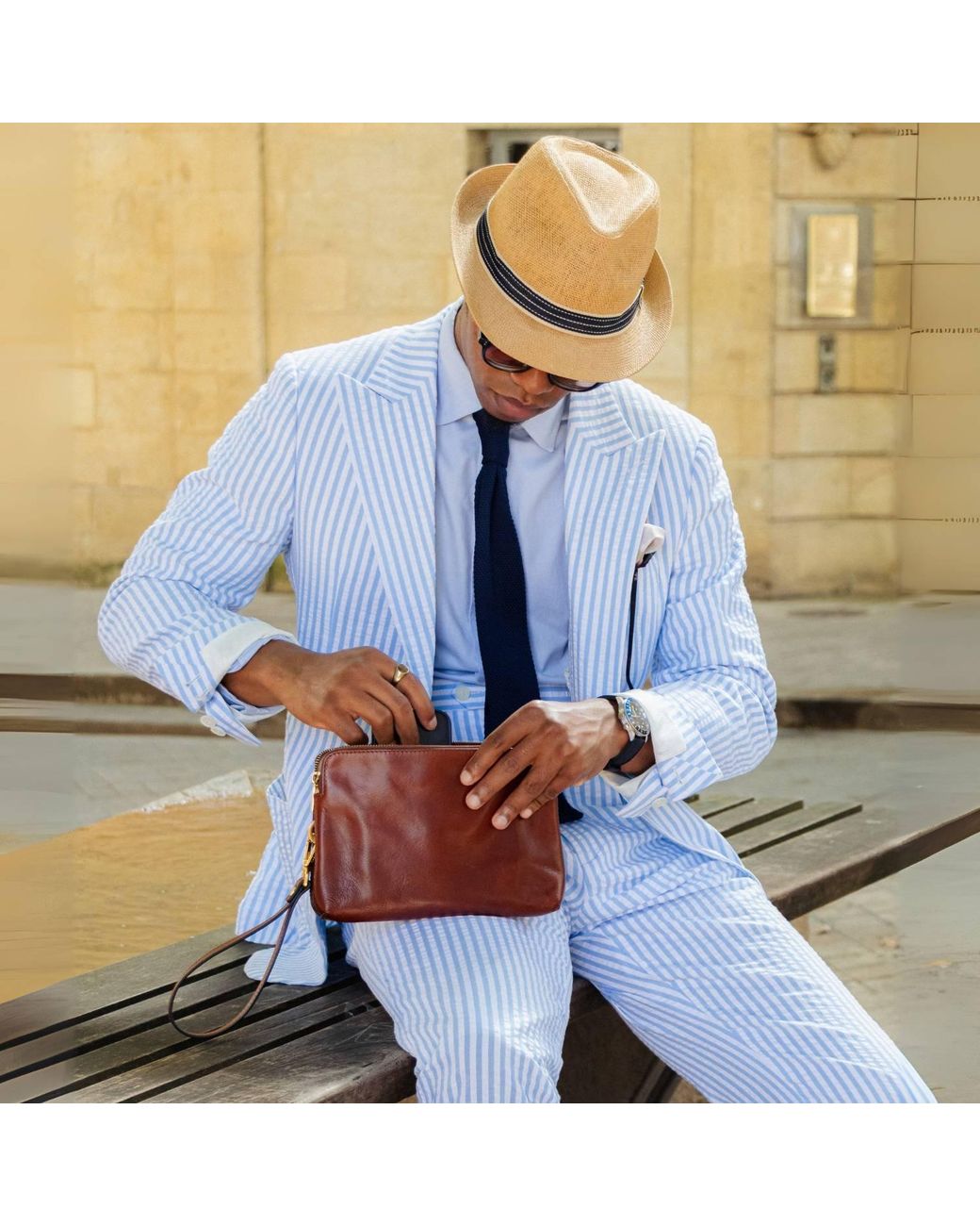 Time Resistance Brown Leather Clutch for men