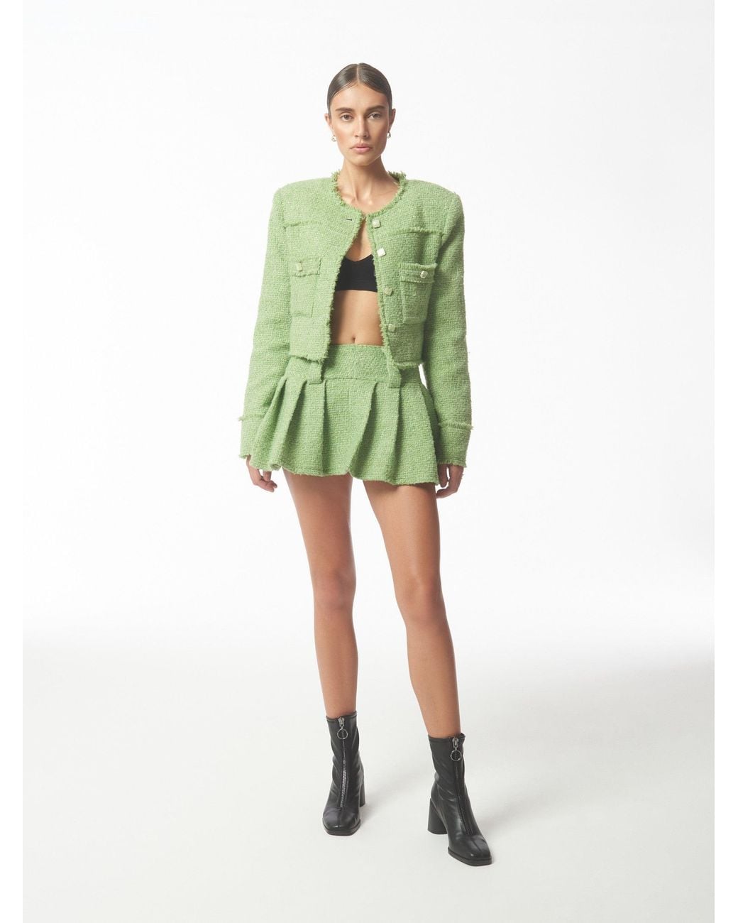 Sour Figs Green Metallic Thread Bouclé Tweed Jacket