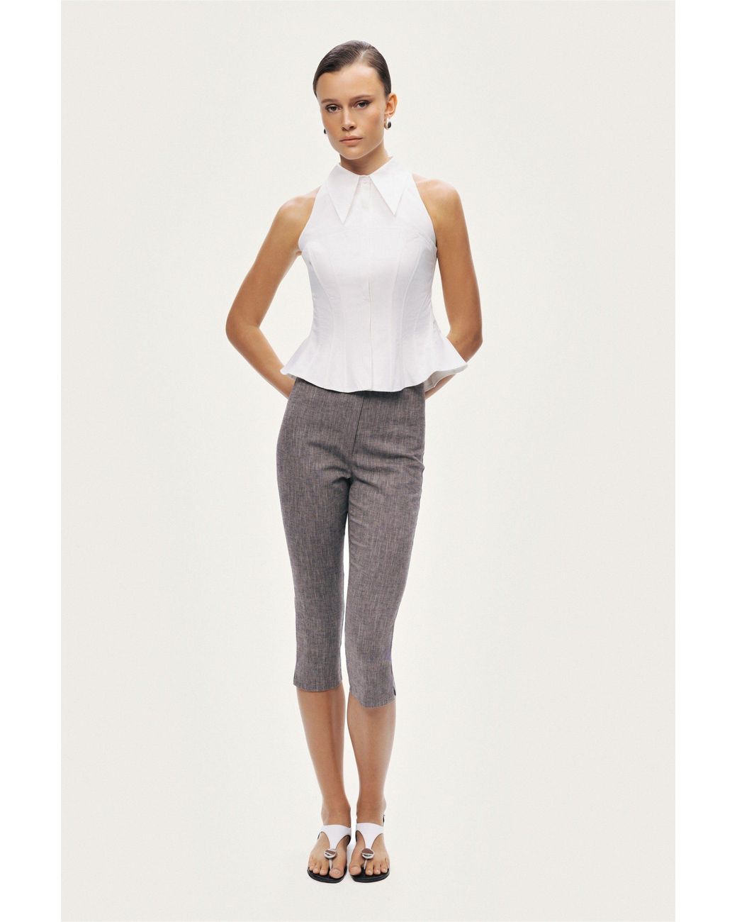 Nocturne White Structured Halter Peplum Top