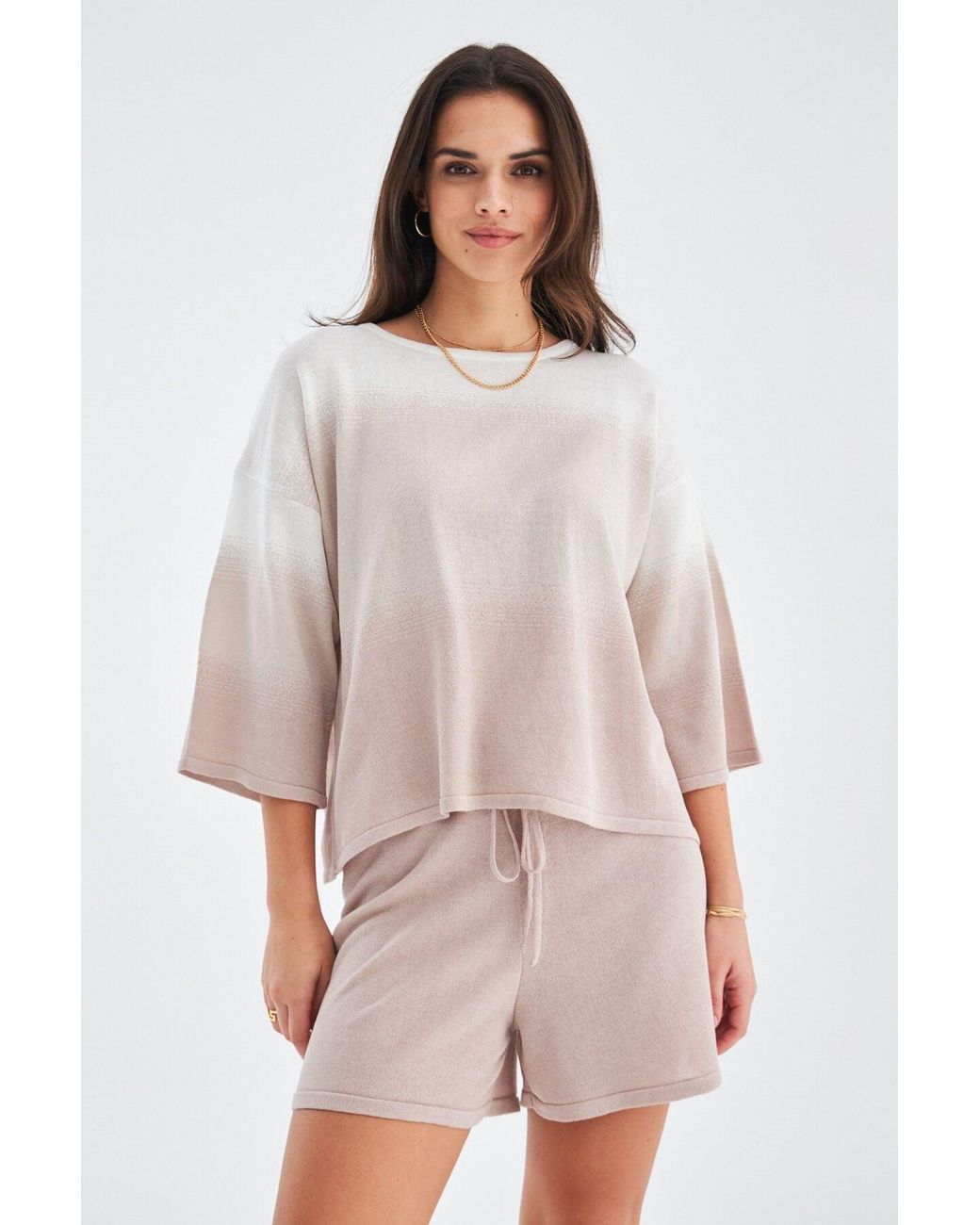Peraluna Brown Siri Knitted Blouse & Shorts Matching Set