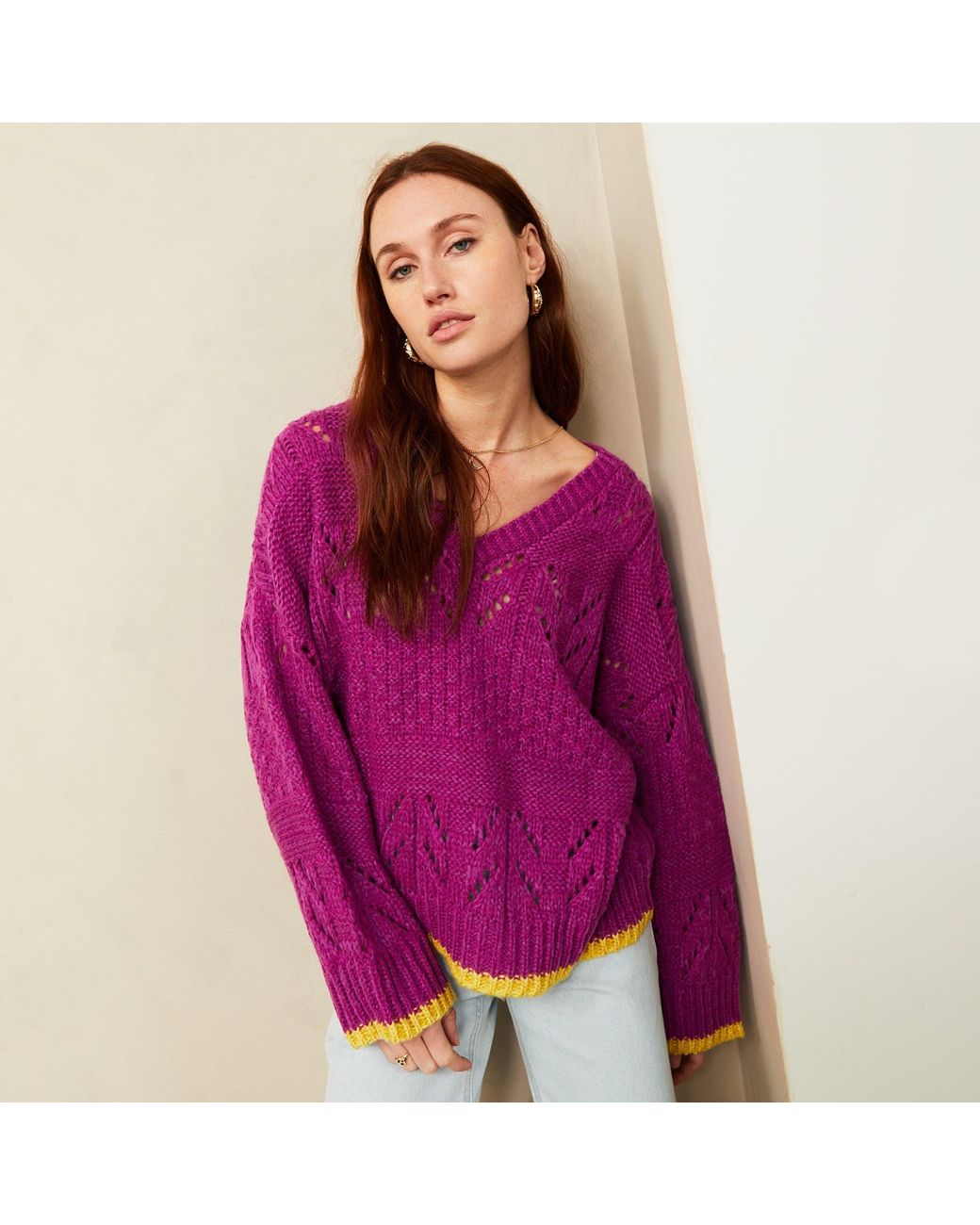 Cara & The Sky Purple Zoe Pointelle V Neck Wide Sleeve Jumper