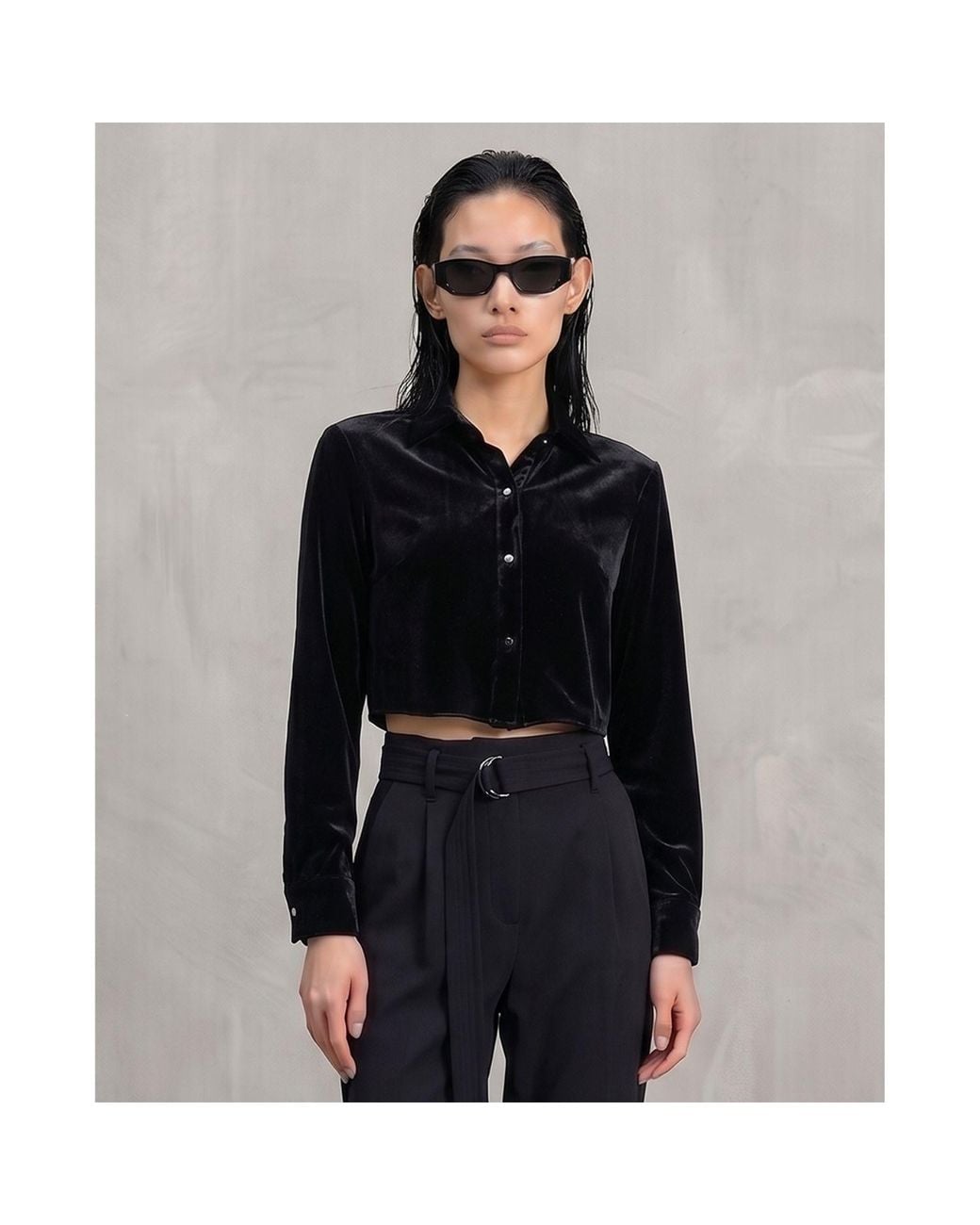 Monzlapur New York Blue Silk Velvet Cropped Shirt