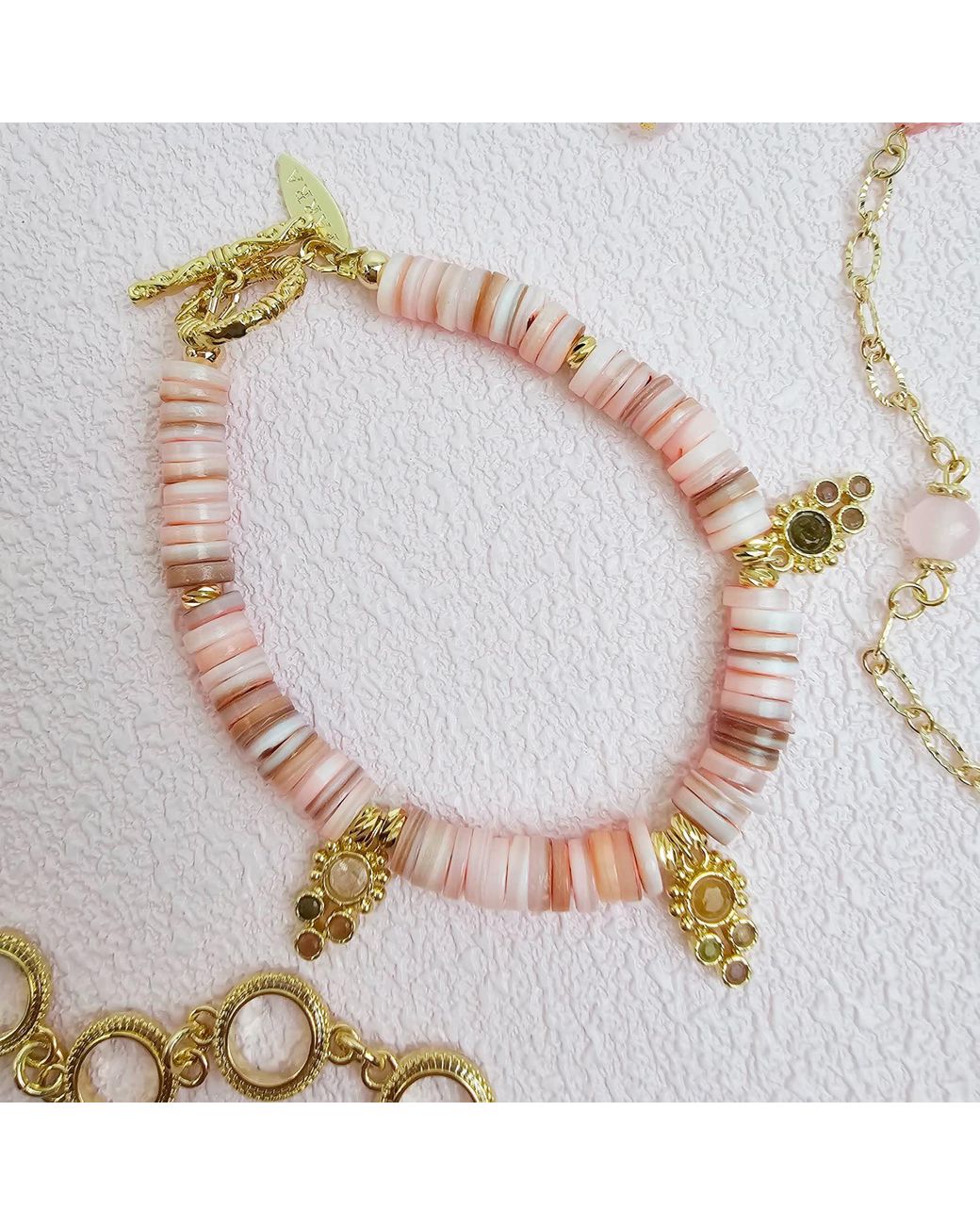 Farra Pink Bohemian Shell With Gemstone Charms Bracelet