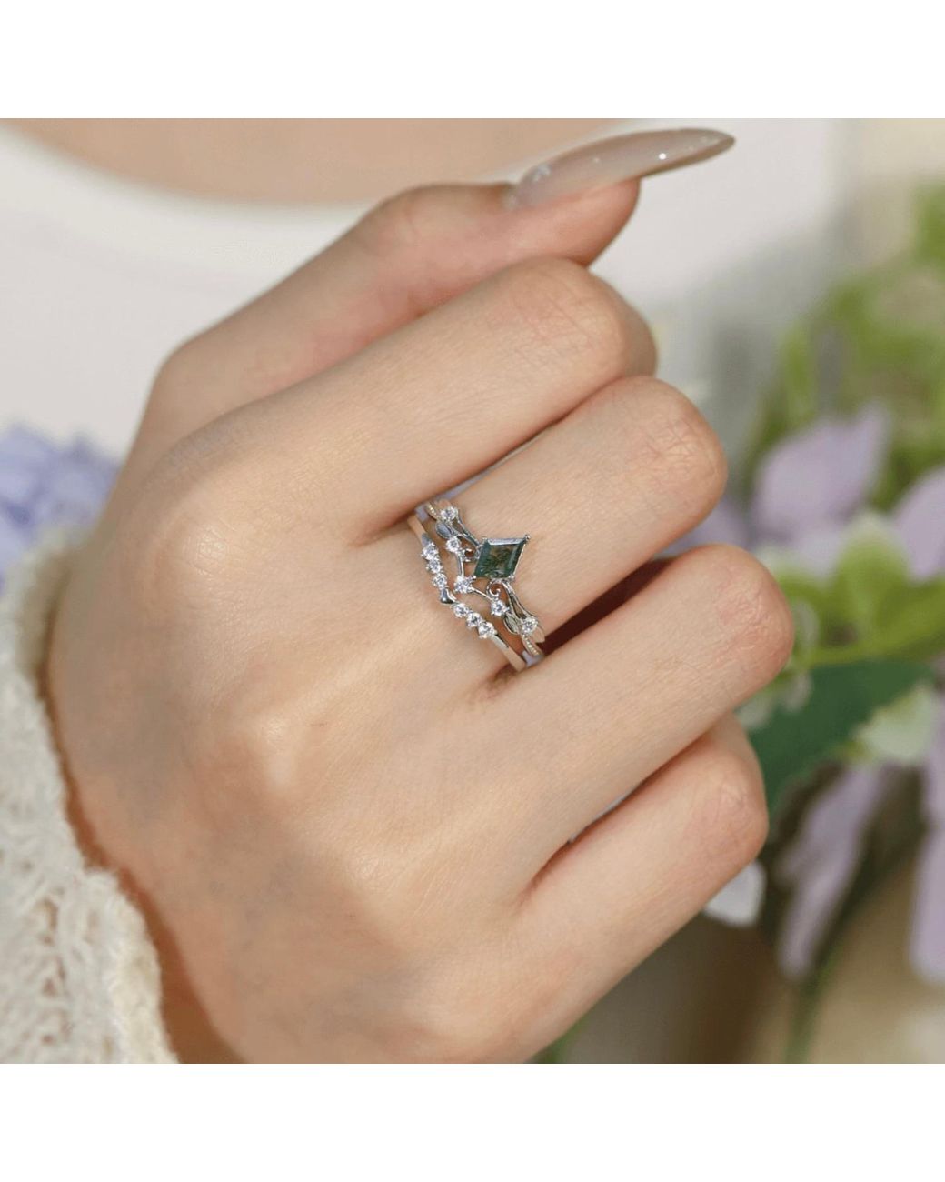 Azura Jewelry New York Victorian Lace Moss Agate Ring White Gold Vermeil©