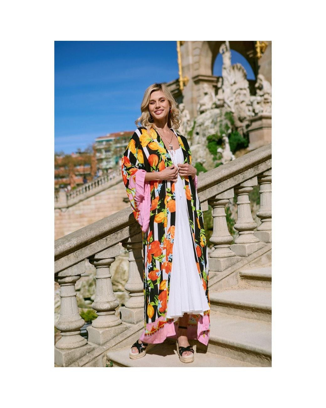 Saachi Yellow Citrus Print Kimono Long