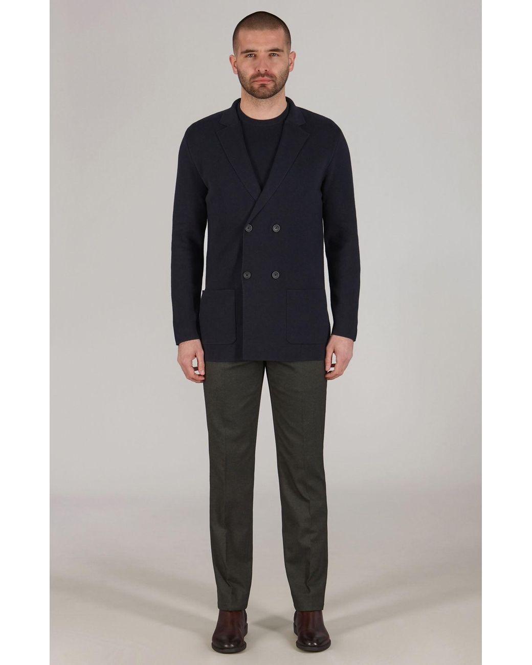 Paul James Knitwear Blue Lightweight Cotton Bruno Double Breasted Knitted Blazer for men
