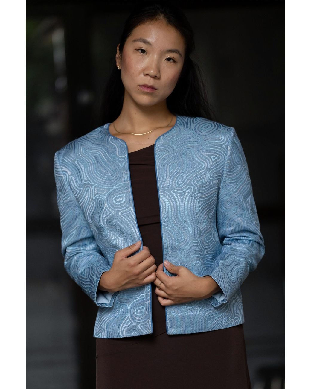 Stovaria Blue Tonal Embroidered Pure Silk Statement Jacket