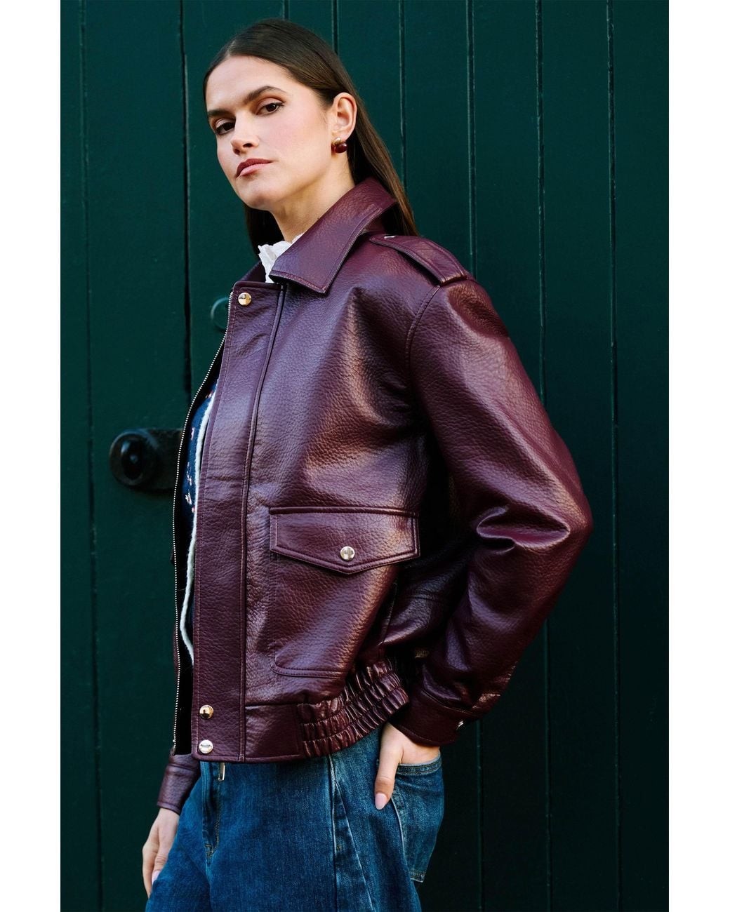 Yumi' Purple Burgundy Faux Leather Bomber Jacket